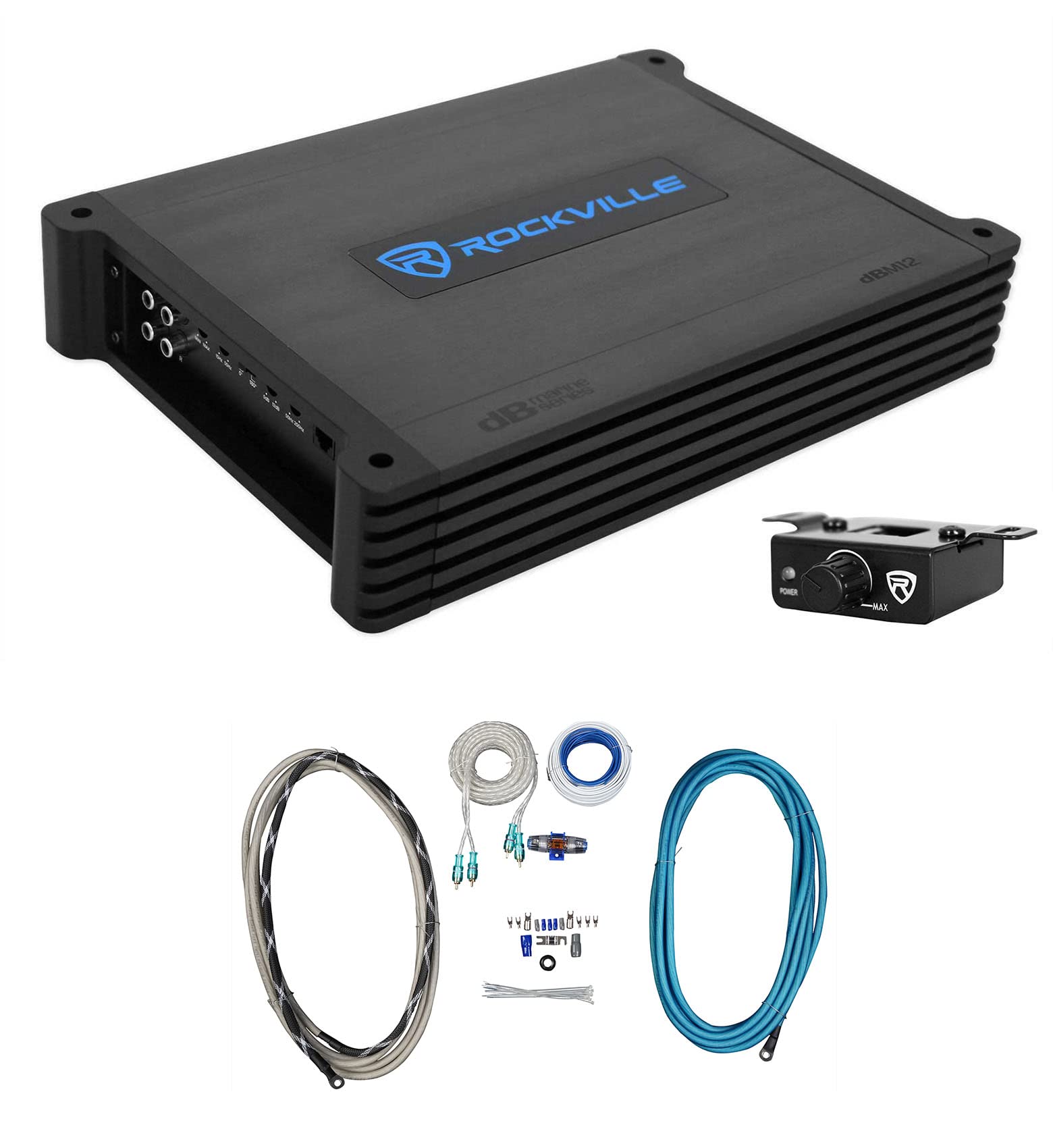 Rockville DBM12 2000w 2オーム 米国海兵隊員/小船 モノアンプリファイアー+2階建てバスリモート+アンプワイヤーキット