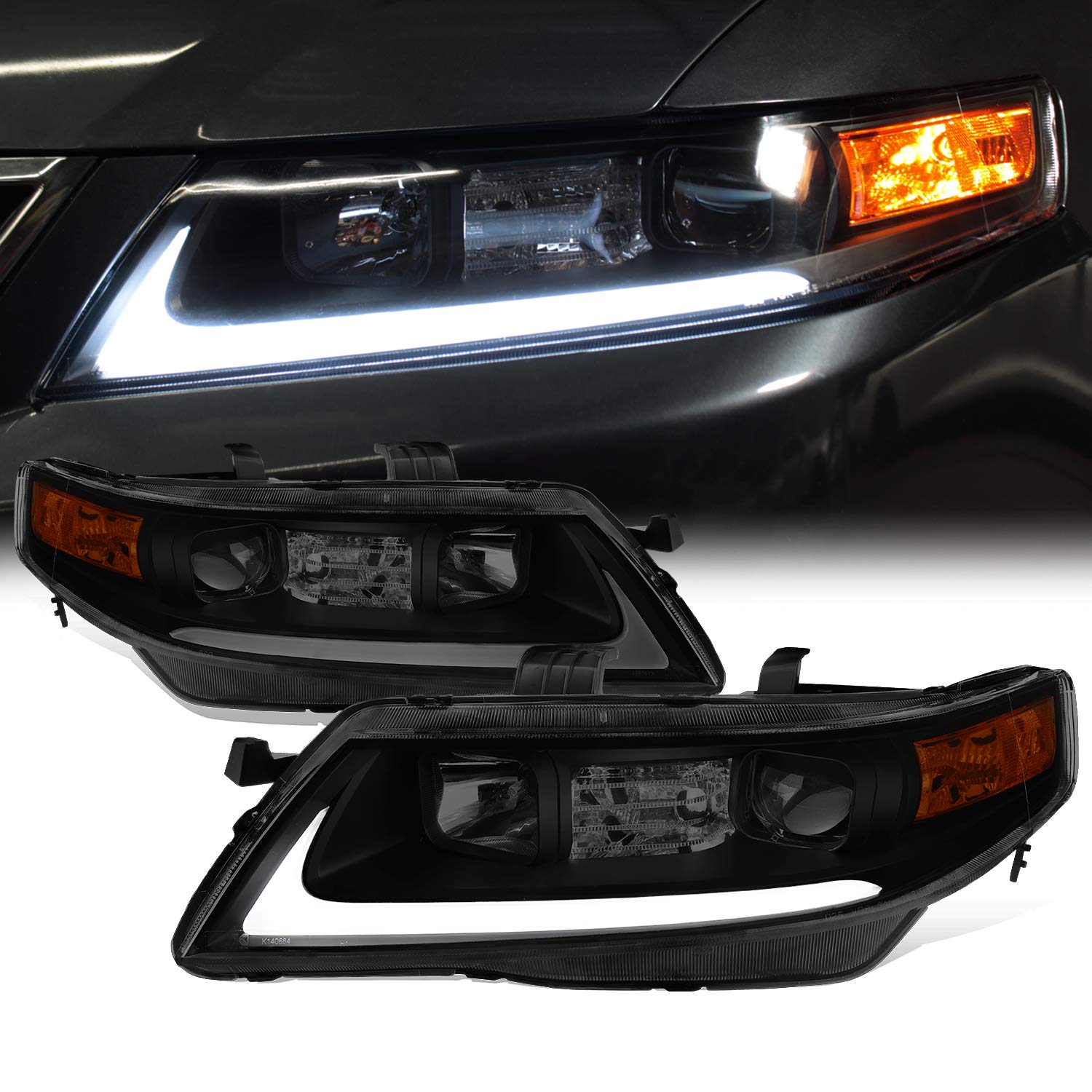 AKKON 2004-2008 アキュラ TSX CL9 LED チューブ プロジェクター フロント ブラック スモーク ヘッドライト ヘッドランプ ペア｜global研究所