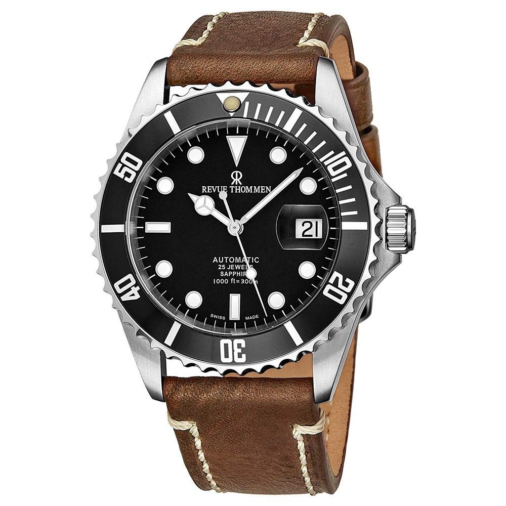 Revue Thommen メンズ 自動ダイバーウォッチ - 42mm アナログ ブラックフェイス 夜光針 拡大日付 サファイアクリスタル - ブラックダイビングベゼル スイス製 防水 ダイブウォッチ 17571.2537|global研究所