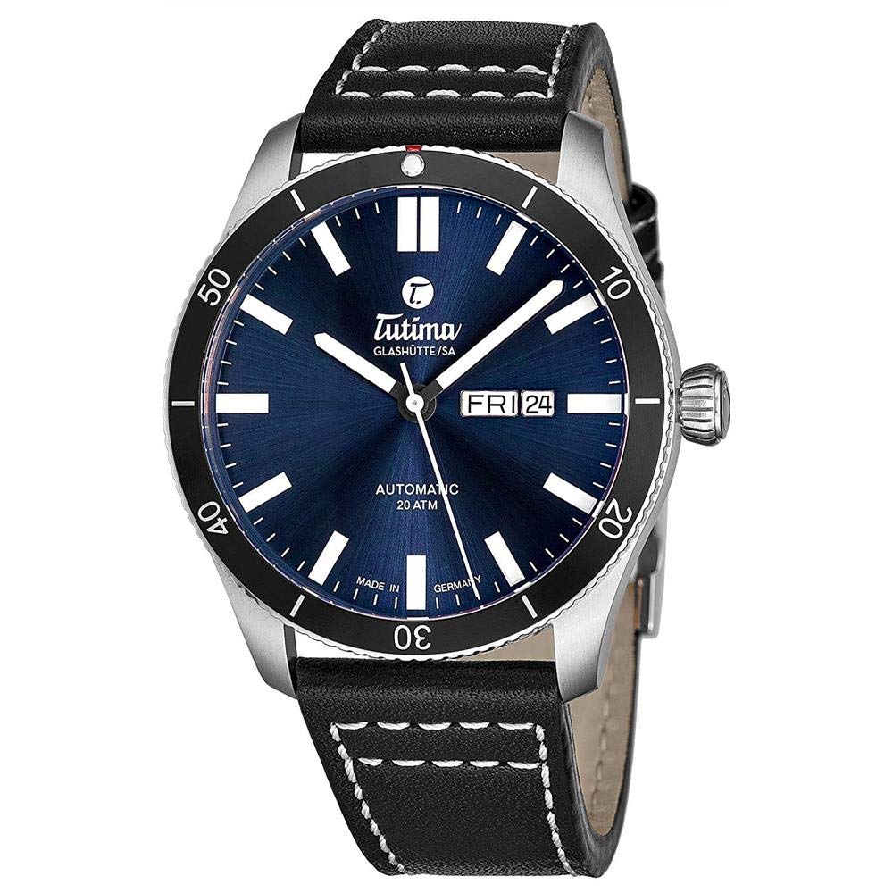 Tutima Men\u0027s 44粍 Black Calfskin Band Steel Case Automatic Blue Dial Analog Watch 6101-03