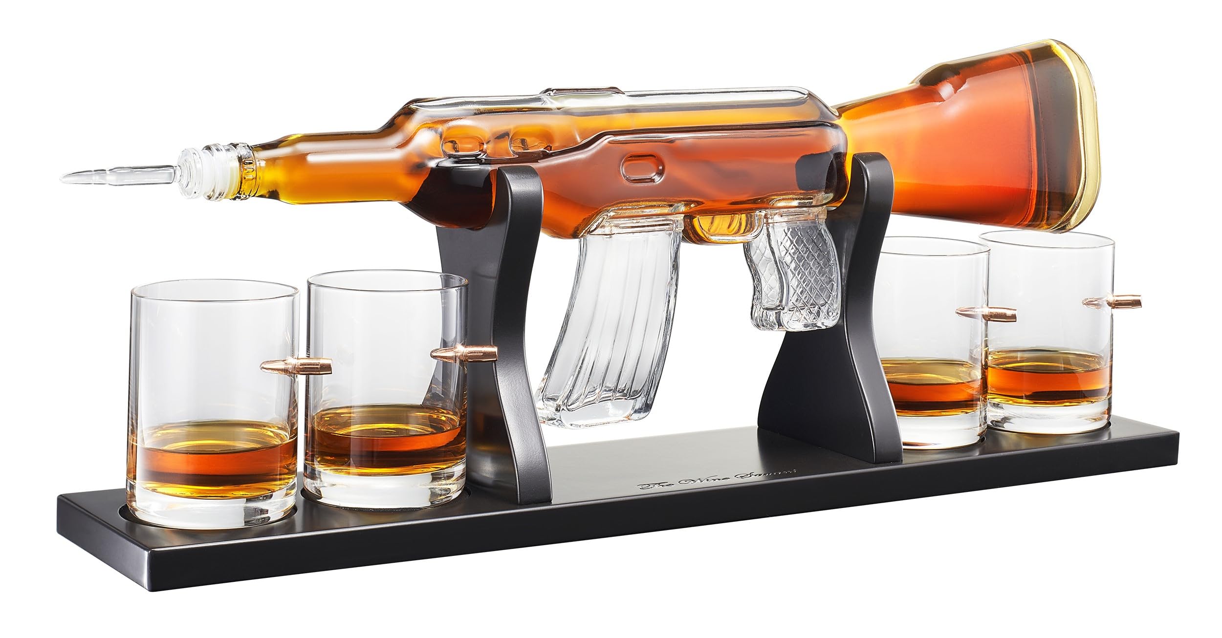The Wine Savant ガン大型デカンタセット & メガネ - エレガントな銃ウィスキーデカンタ 1000ml 弾丸ウィスキーグラス4個とモホガニー木製ベース付き 21,420円