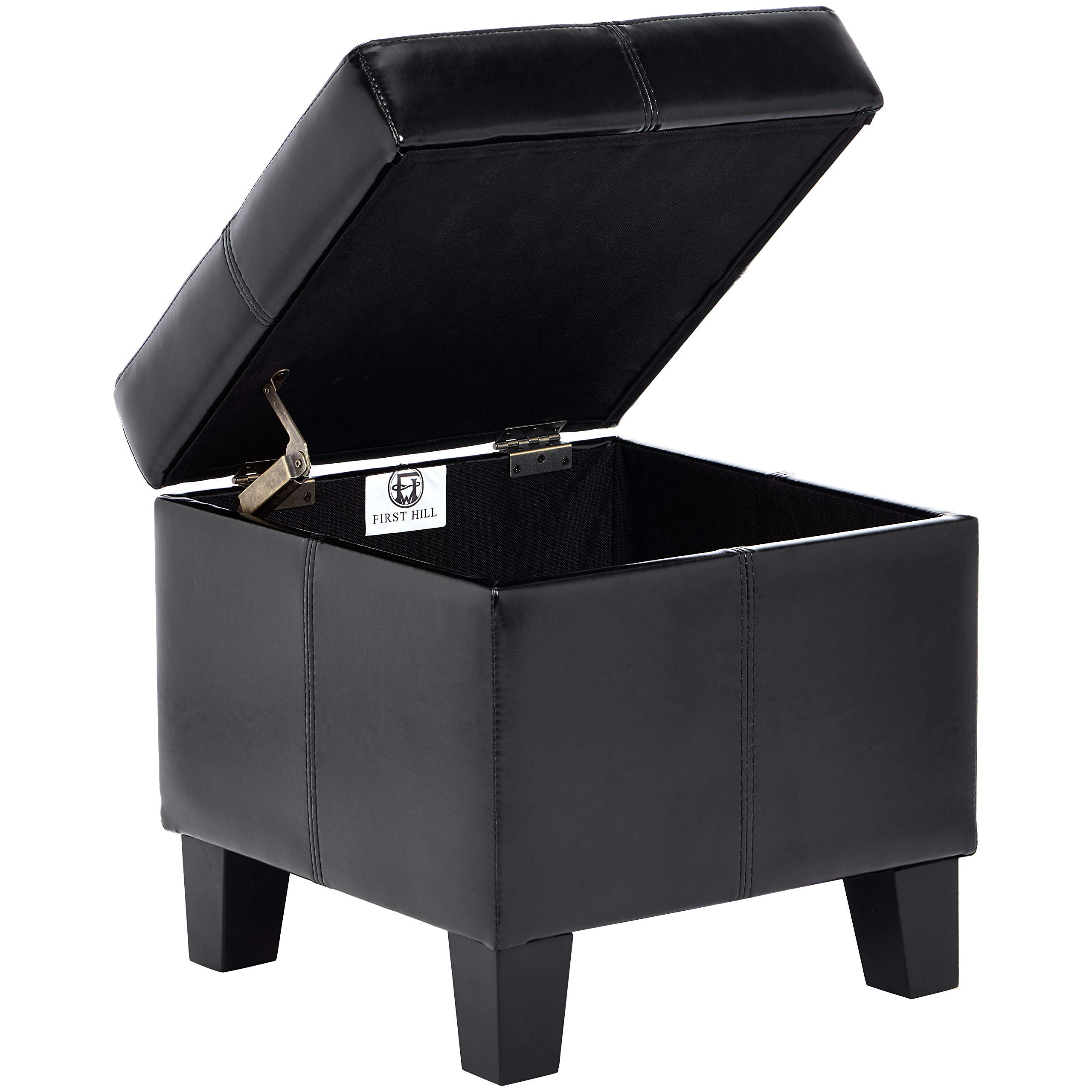 First Hill Emerson Square Wood Storage Ottoman with Faux-Leather Upholstery  Enchanting Black 141［並行輸入］