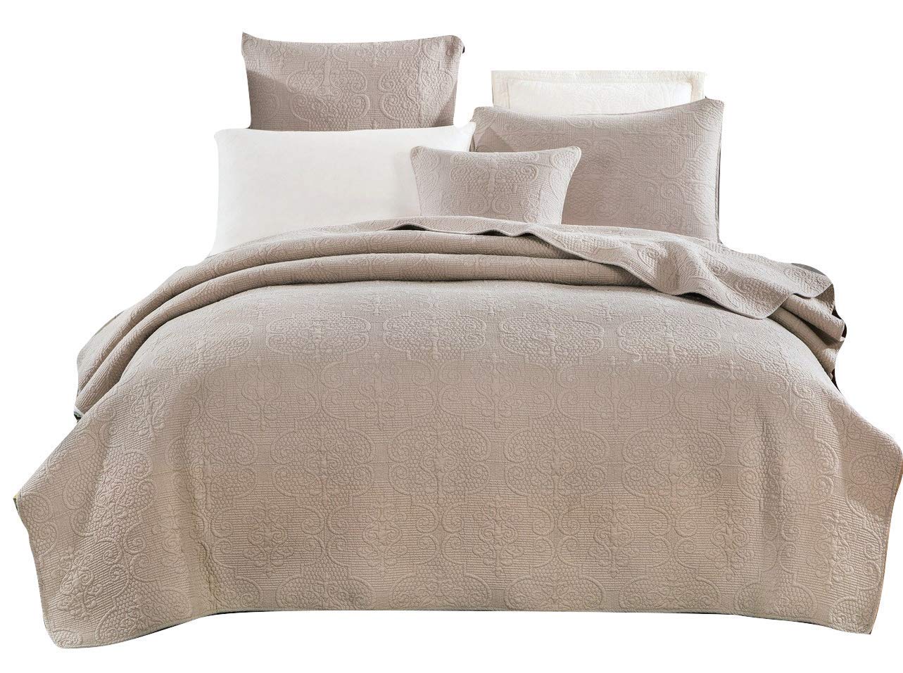 DaDa Bedding 窈窕たるなフリースシェルパベッドスプレッド - スカロップ花柄毛布仕掛ける - ホンブルグ帽で心地よく生あたたかいタンベージュ 第一人者 薄墨色