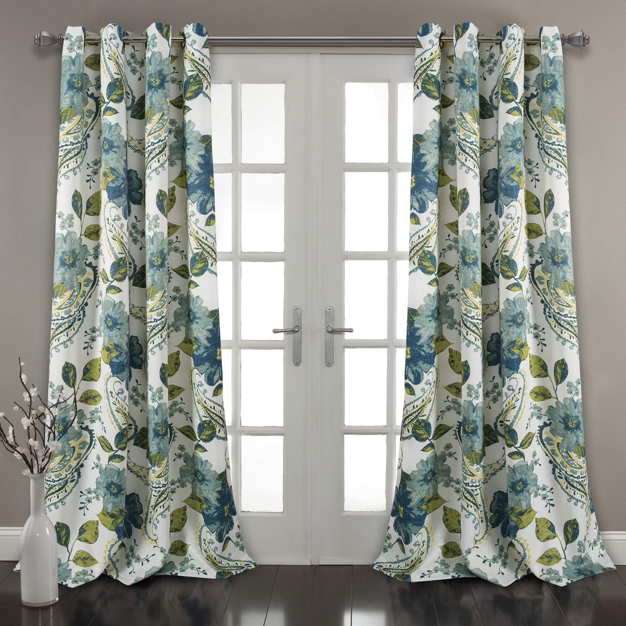 Floral Paisley Room Darkening Window Curtain Panels Blue 52X95 Set
