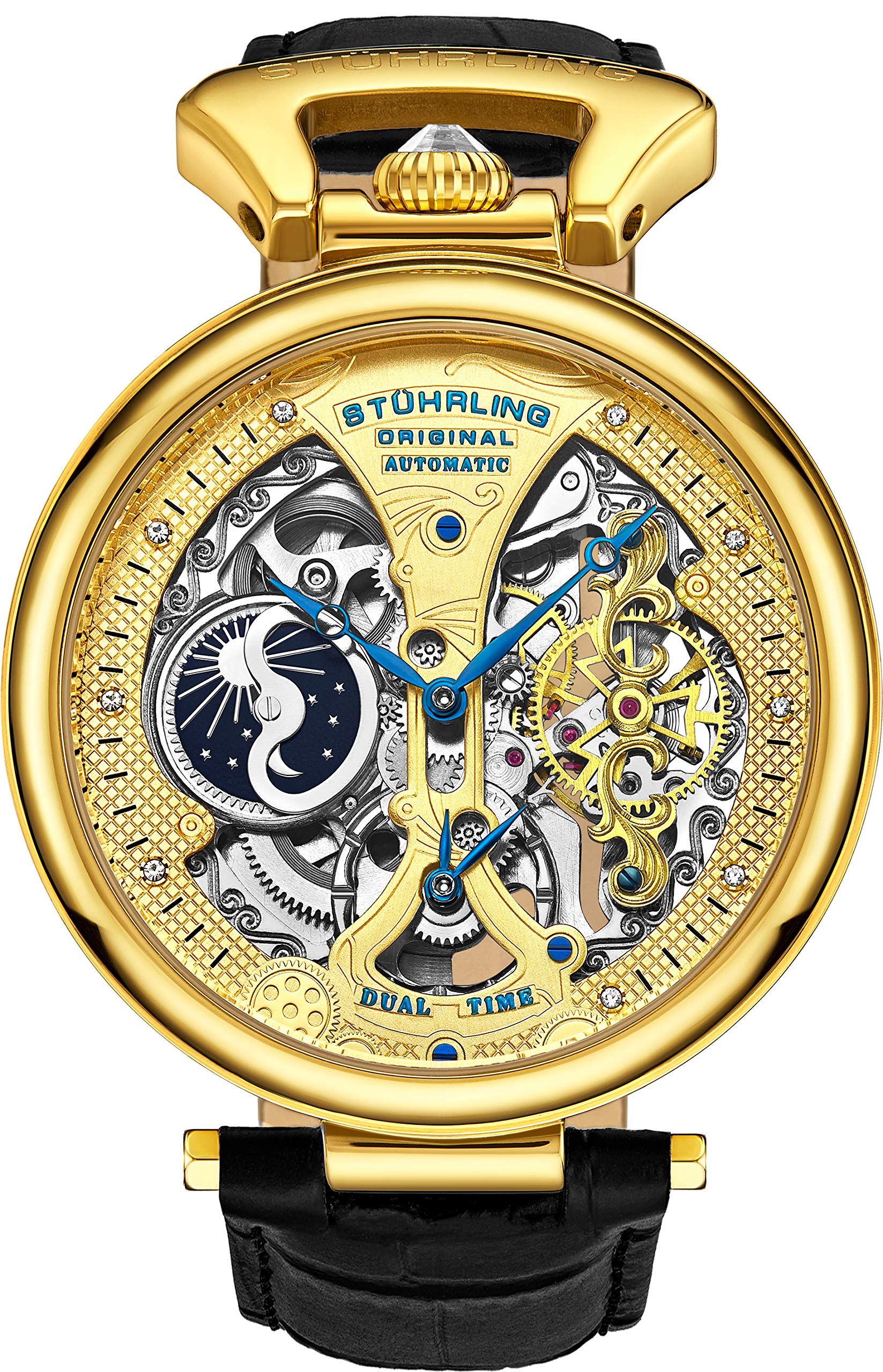 St?hrling オリジナル メンズ スケルトン 腕時計 ダイヤル 自動巻き カーフスキンレザーバンド デュアルタイム AM/PM サン・ムーン A Gold