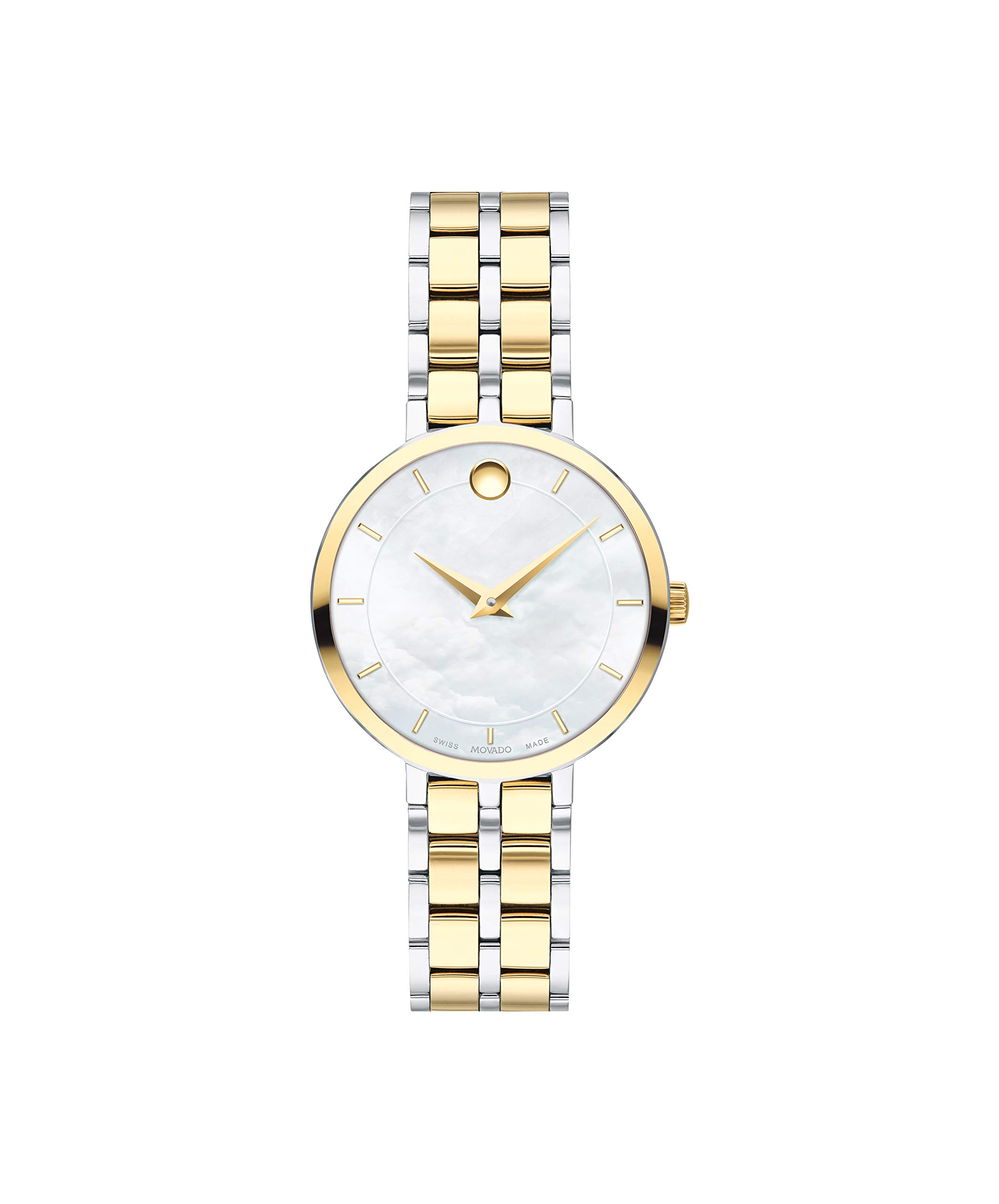 Movado Kora、イエローステンレススチールケース、白いこと文字盤、ステンレススチールブレスレット、レディース0607323。