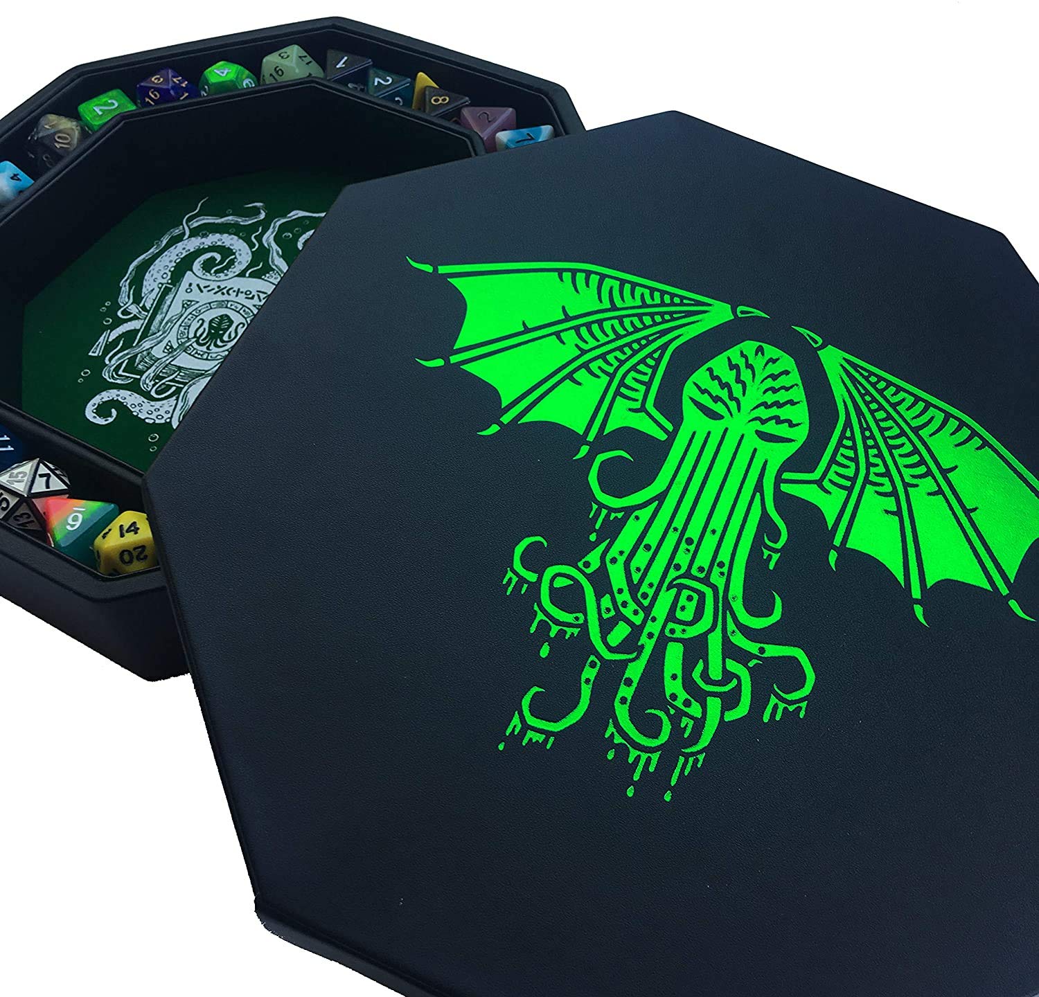 Fantasydice-クトゥルフトメ-緑であること - ダイス型お盆 - 8in 八角形 蓋とサイコロステージングエリア - 5仕掛ける(7つのダイス型仕掛ける/判定基準)を入れられます。D\u0026D、コールオブクトゥルフ、シャドウランなどの全ての卓上RPGに相応う。