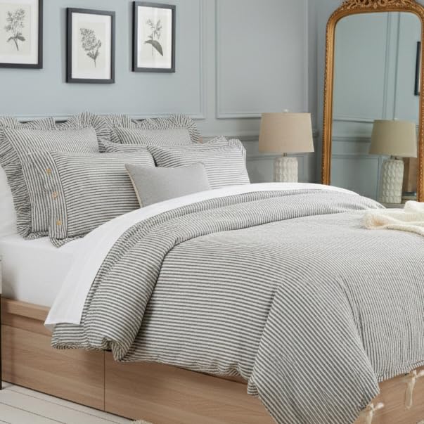 Piper Classics ファームハウス チッキング グレー 寝具 Queen Duvet グレー