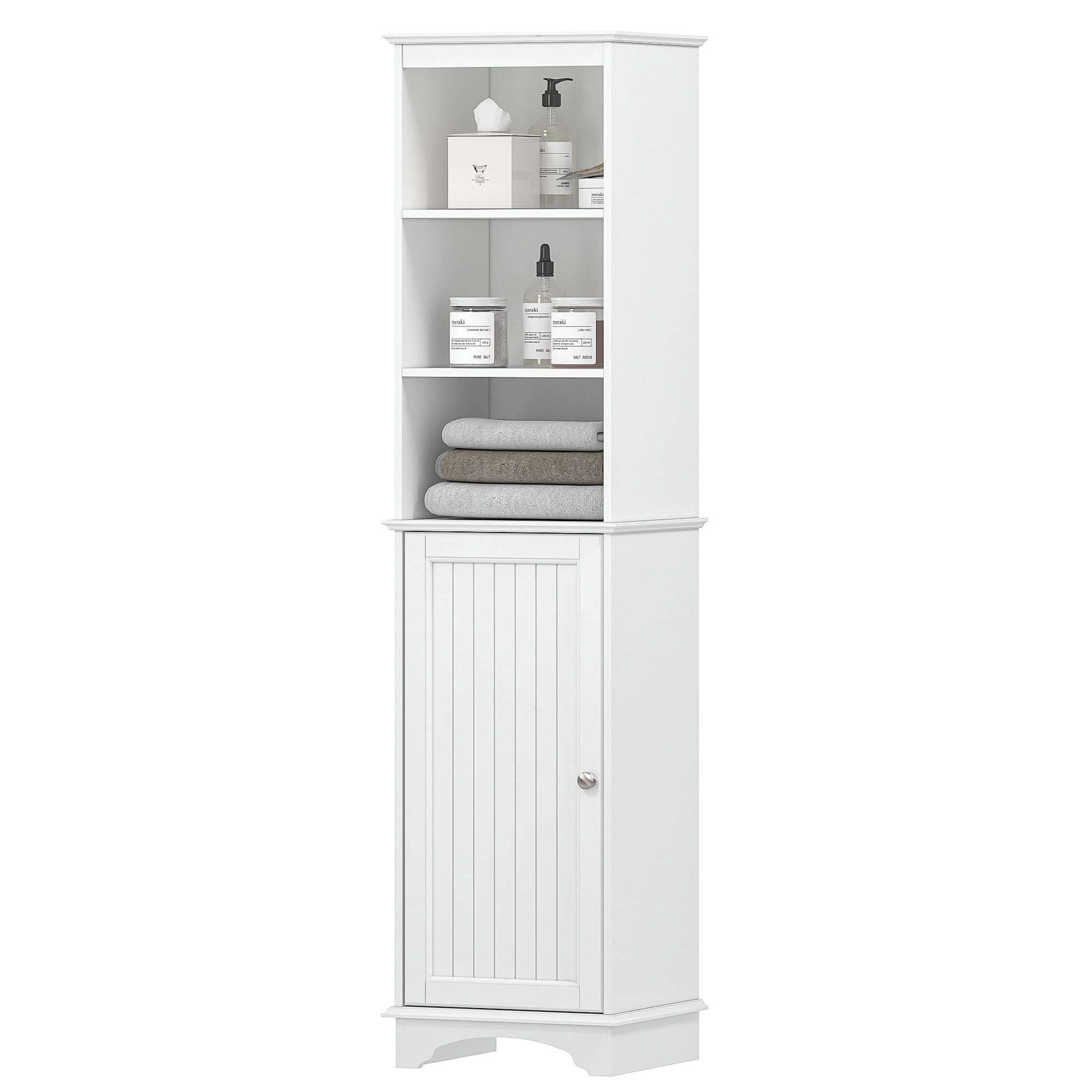 Spirich Home Freestanding Storage Cabinet with Three Tier Shelves  Tall Slim Cabinet  Free Standing Linen Tower  White Finish
