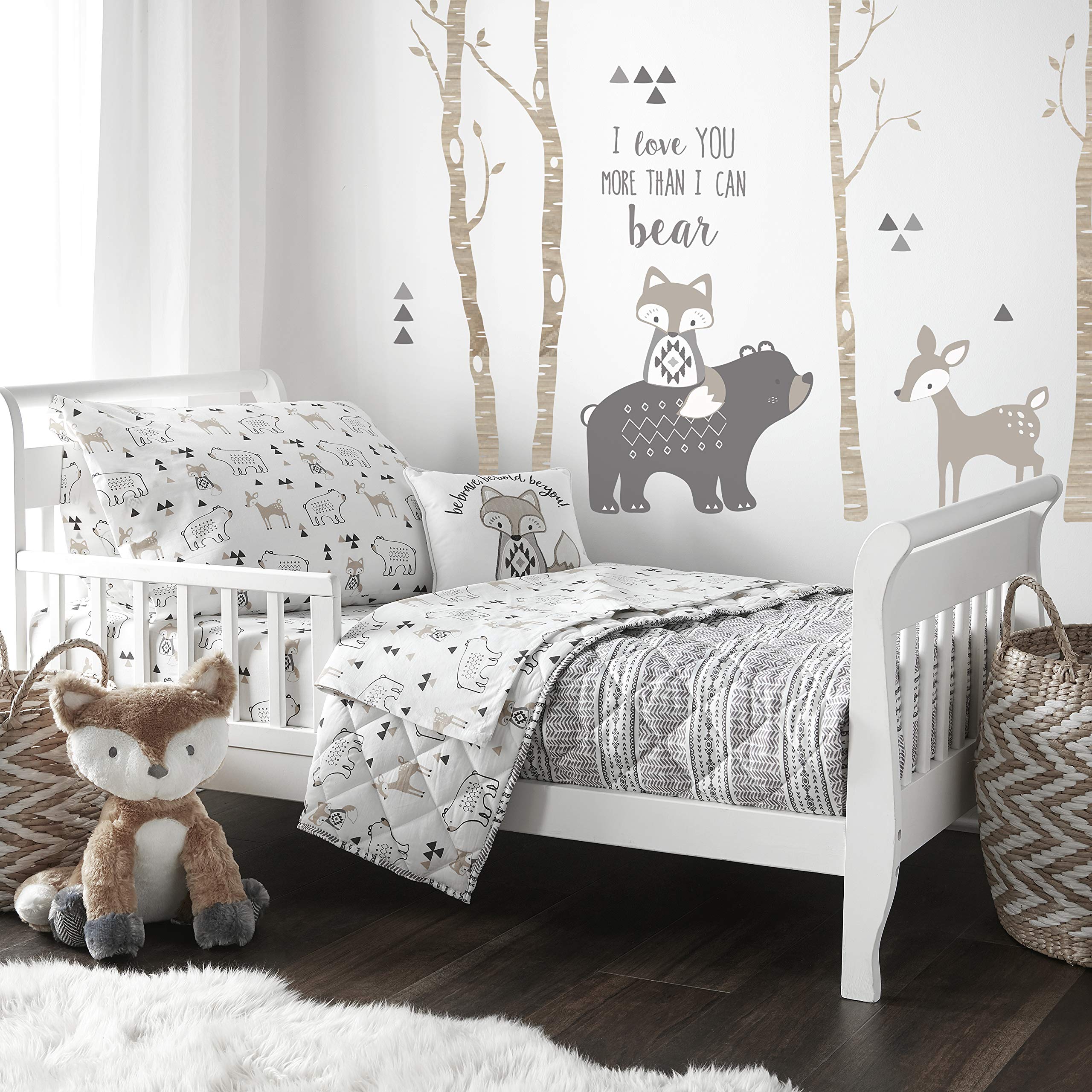 Levtex Baby - Bailey Toddler Bed Set - Charcoal Grey  White  Taupe - Woodland - 5 Piece Set Includes Reversible Quilt  Fitted Sheet  Flat Sheet  Pillow Case  Decorative Pilow