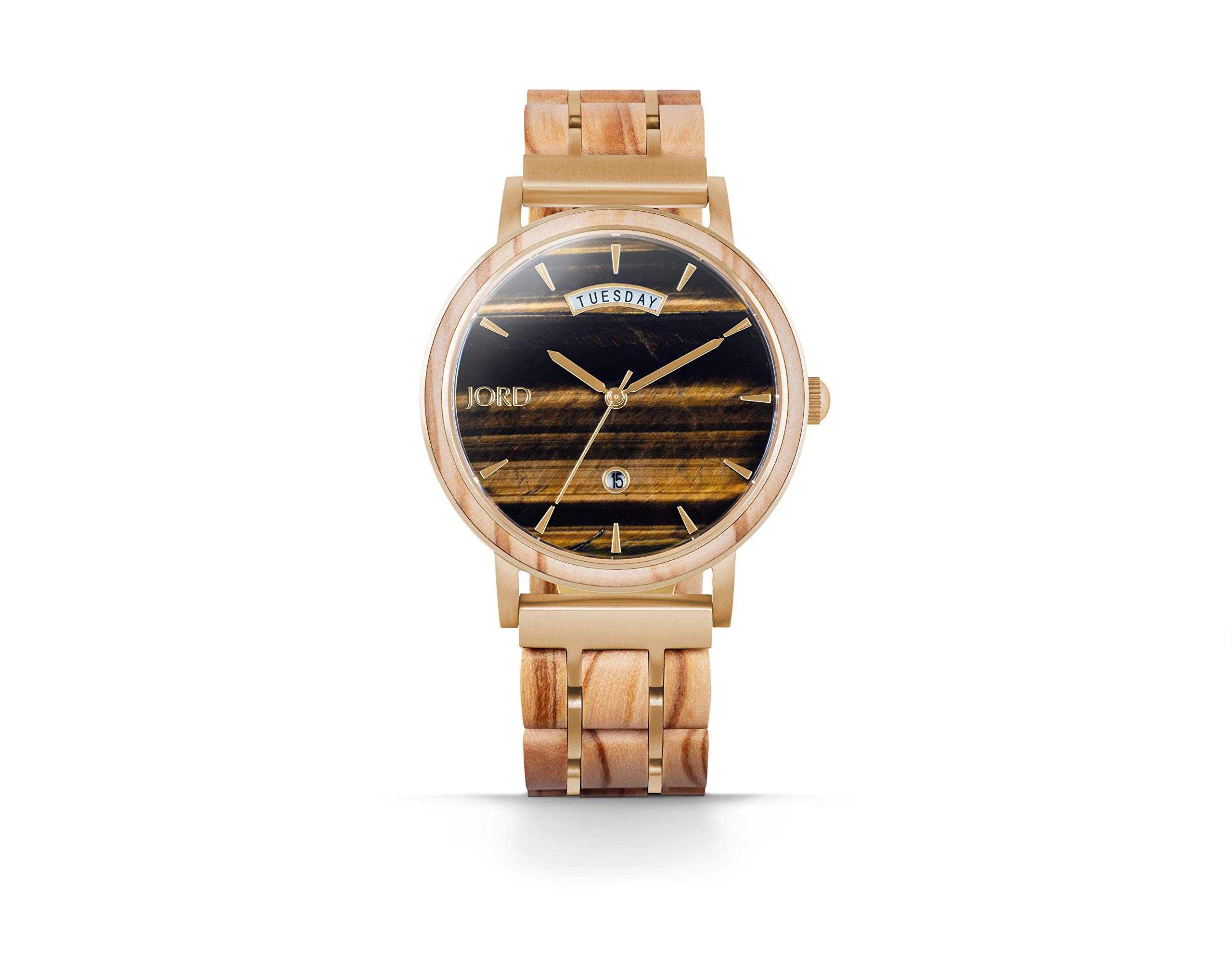 JORD Harperシリーズ 限定版 - ウッド\u0026ストーン - 40mm ウォッチケース タイガーアイ\u0026オリーブウッド