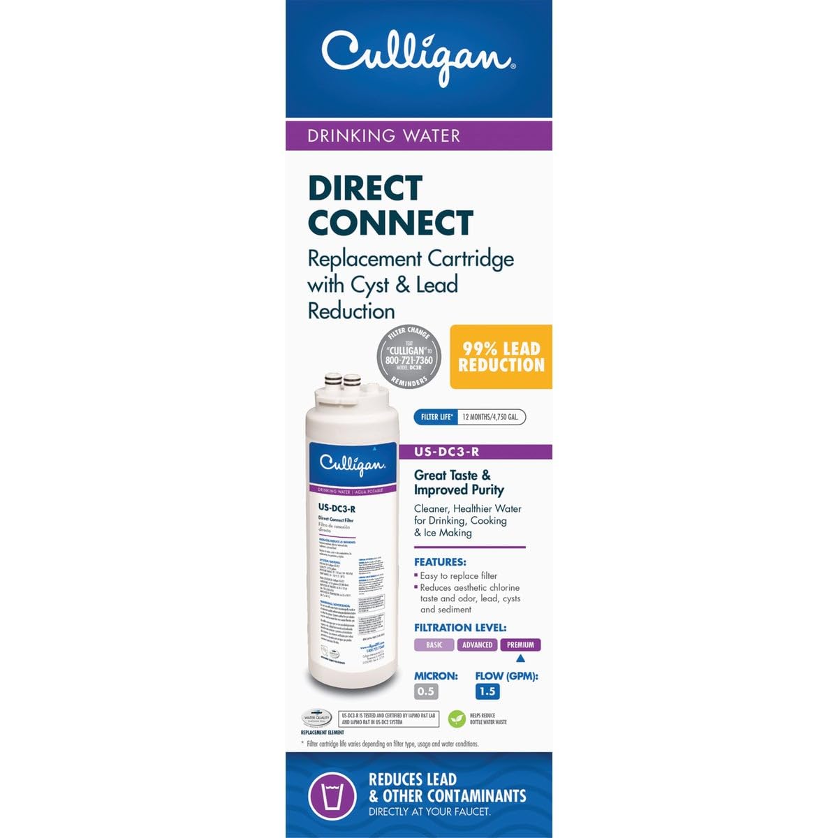 Culligan US-DC3-R Direct Connect 交換用フィルター プレミアムウォーターカートリッジ ホワイト 1個 (1パック)|global研究所