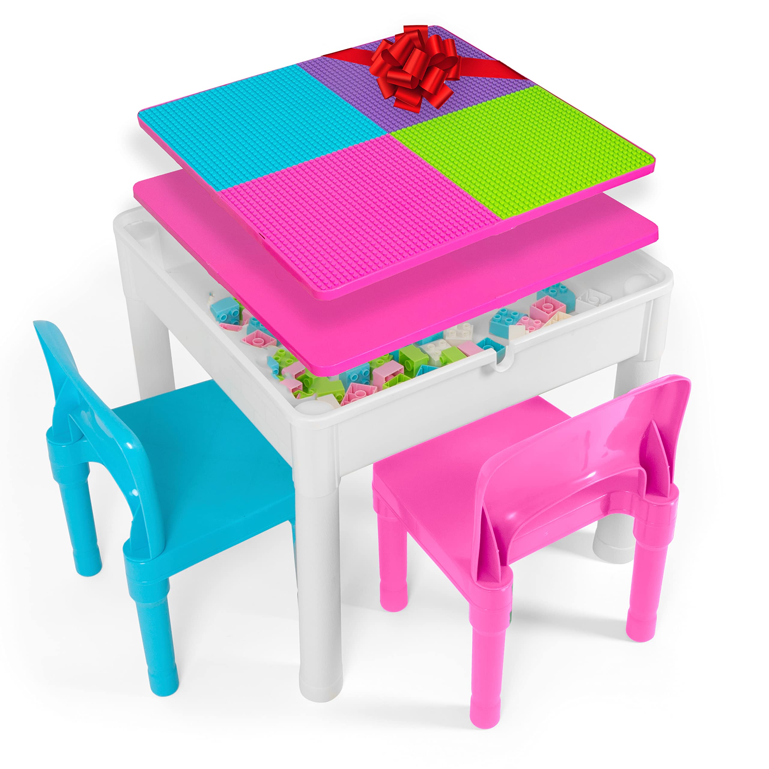Kids Activity Table Set - 5 インチ 1 Water Table  Building Block Table  Craft Table and Sensory Table with Storage - Includes 2 Chairs and 25 Ex-Large Blocks ? Pastel Colors