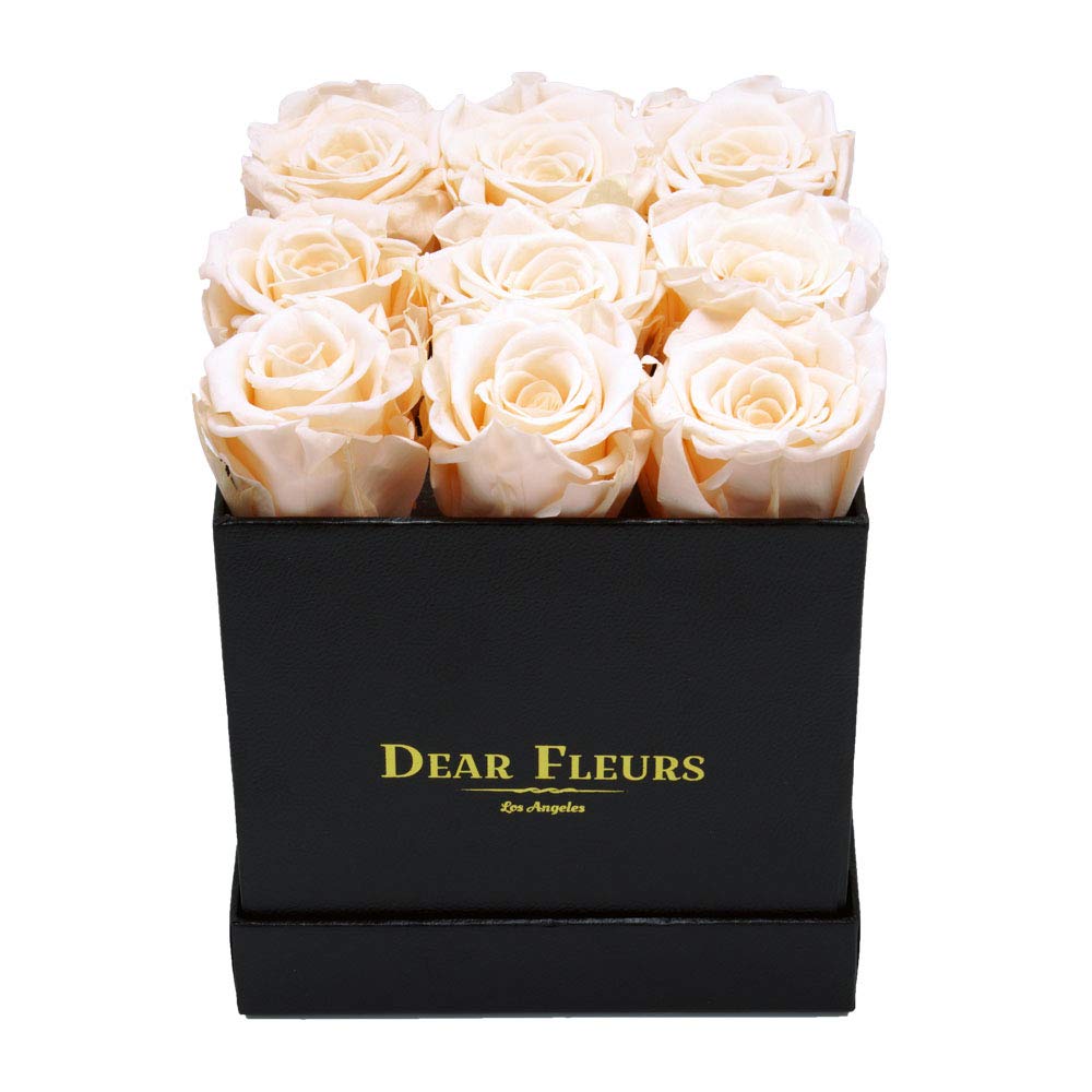 Dear Fleurs ロサンゼルス ノナローズ | 1年も続く本物のバラ | プリザーブドフラワー 箱入り (シャンパン、ブラックレザー仕上げボックス)|global研究所