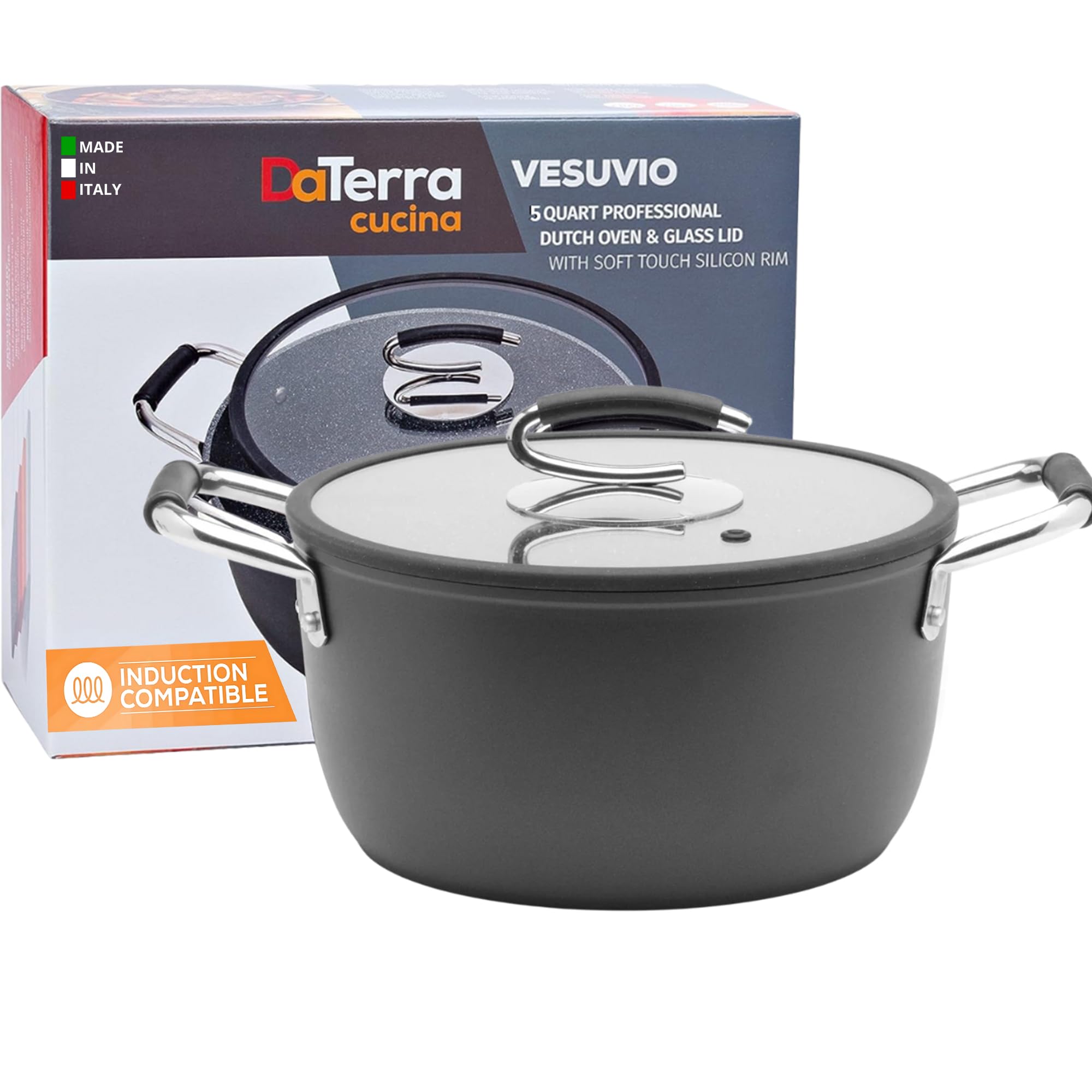 Vesuvio 5クオート ノンスティックダッチオーブン :: 非毒性 セラミックコーティングストックポット オーブン使用可 ガラス蓋付き