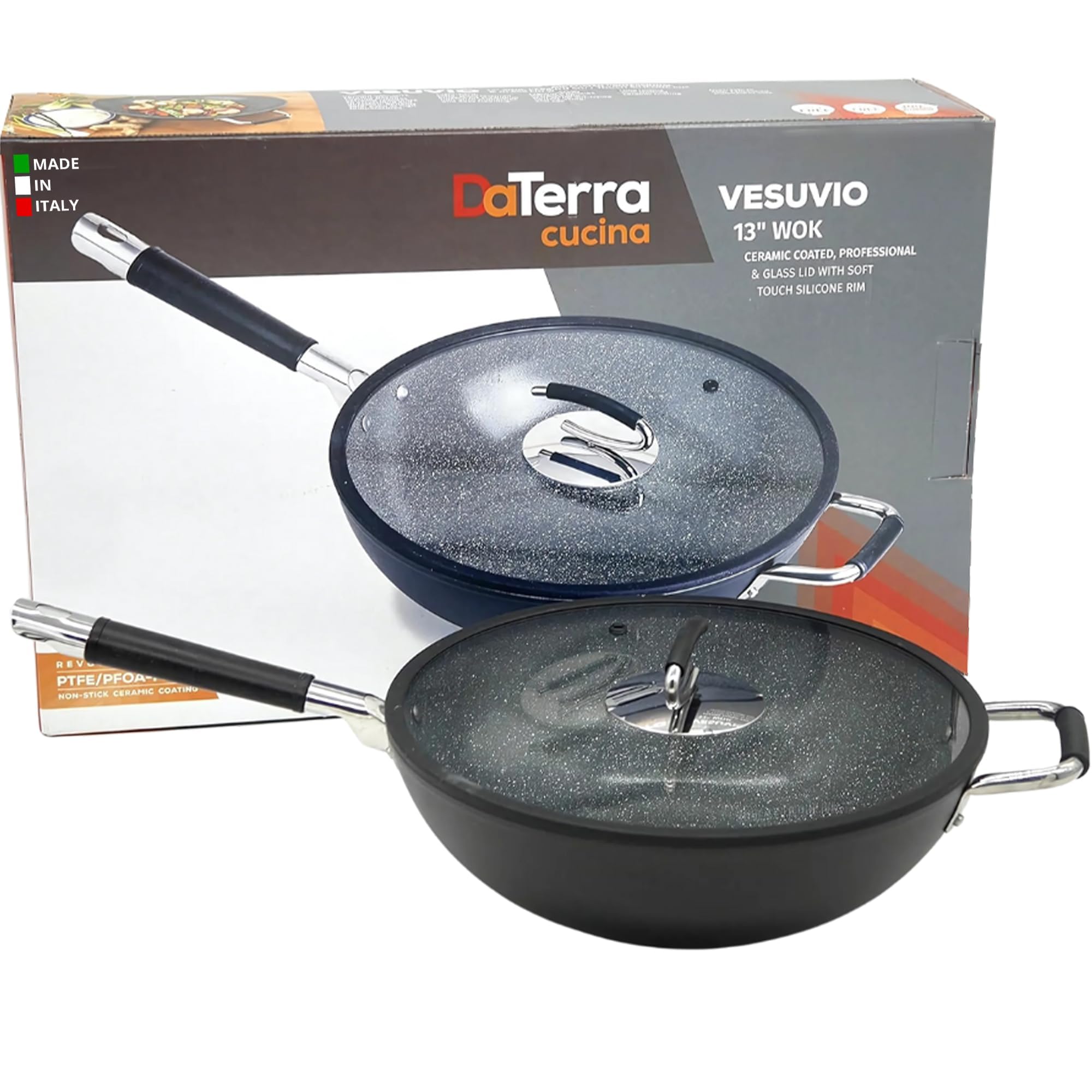 DaTerra Cucina - 13インチ ノンスティックセラミック中華鍋 蓋付き - イタリア製 - 高耐熱ノンスティック調理器具 - オーブン対応 PTFE、カドミウム、鉛、PFOAフリー - ボルカニックブラック斑点