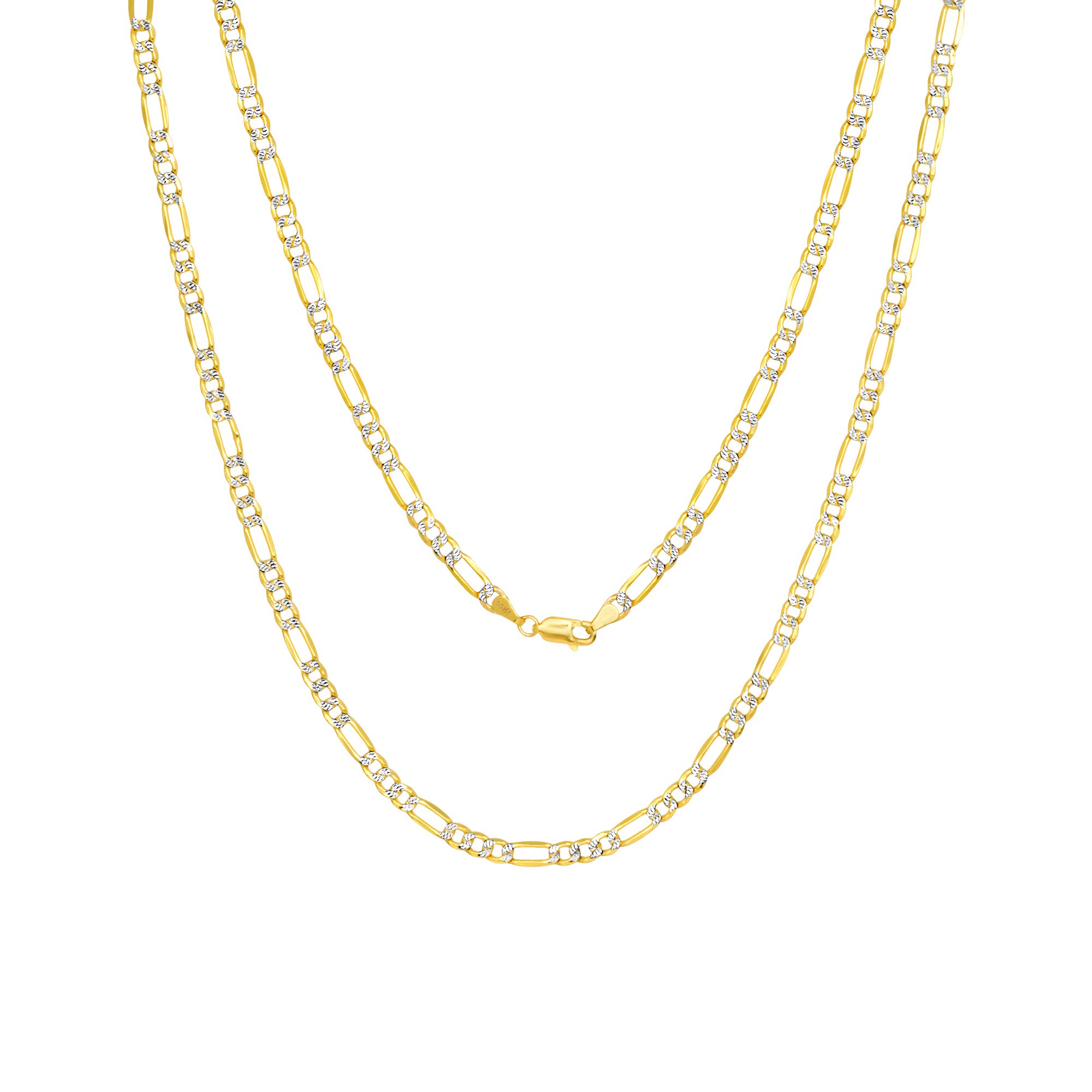 Nuragold 14Kイエローゴールドソリッド5mmフィガロチェーンリンク ダイヤモンドカットパヴェツートーンペンダントネックレス メンズ レディース ロブスタークラスプ 18インチ 20インチ 22インチ 24インチ 26インチ 28インチ 30インチ 金属 偽｜global研究所