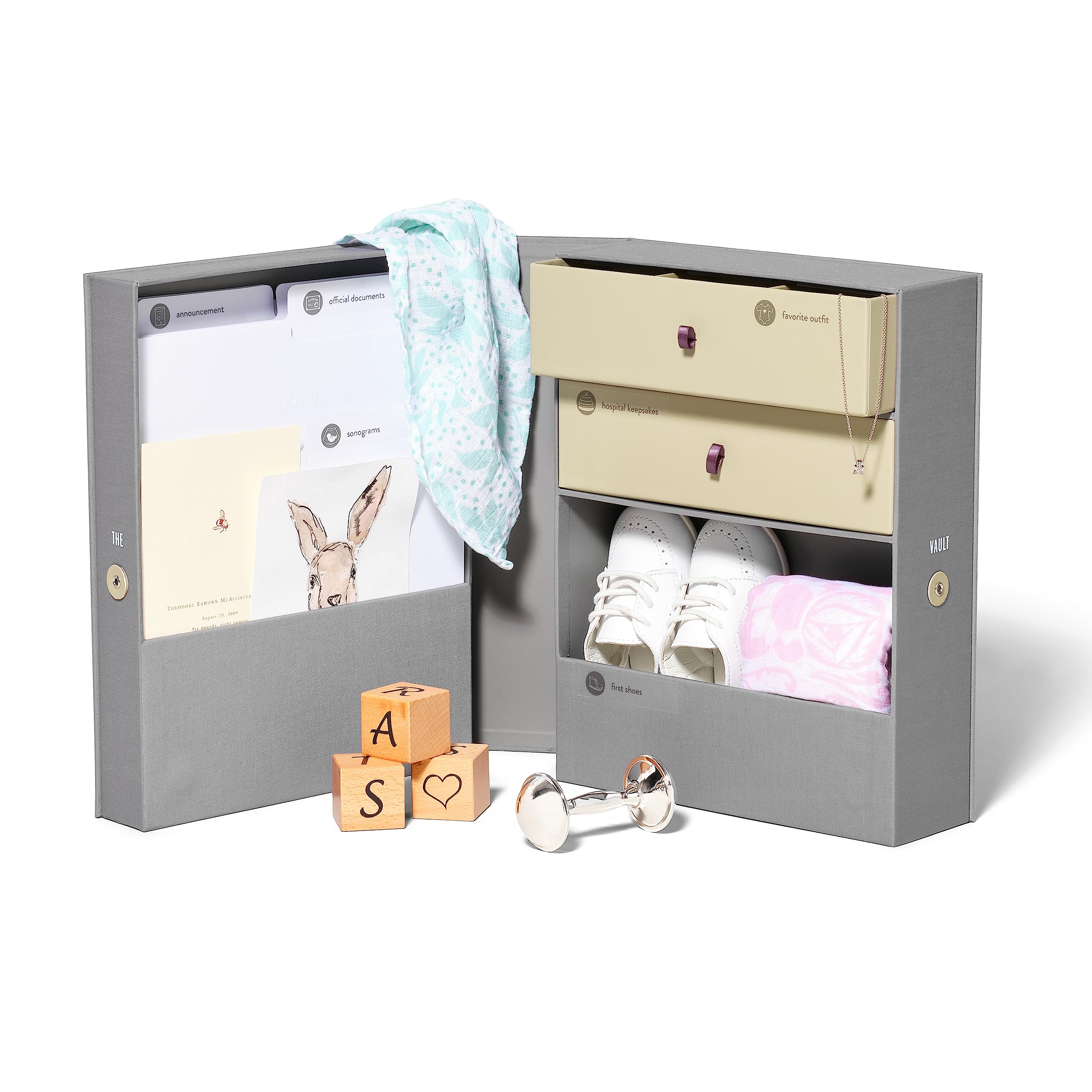 The Vault Baby Keepsake Box-Last-Minute Christmas Savings Below!- Handmade Customizable Newborn Memory Box with 2 Drawers 7 compartments and 10 folders for Baby's Treasured Memories - Slate Gray|global研究所