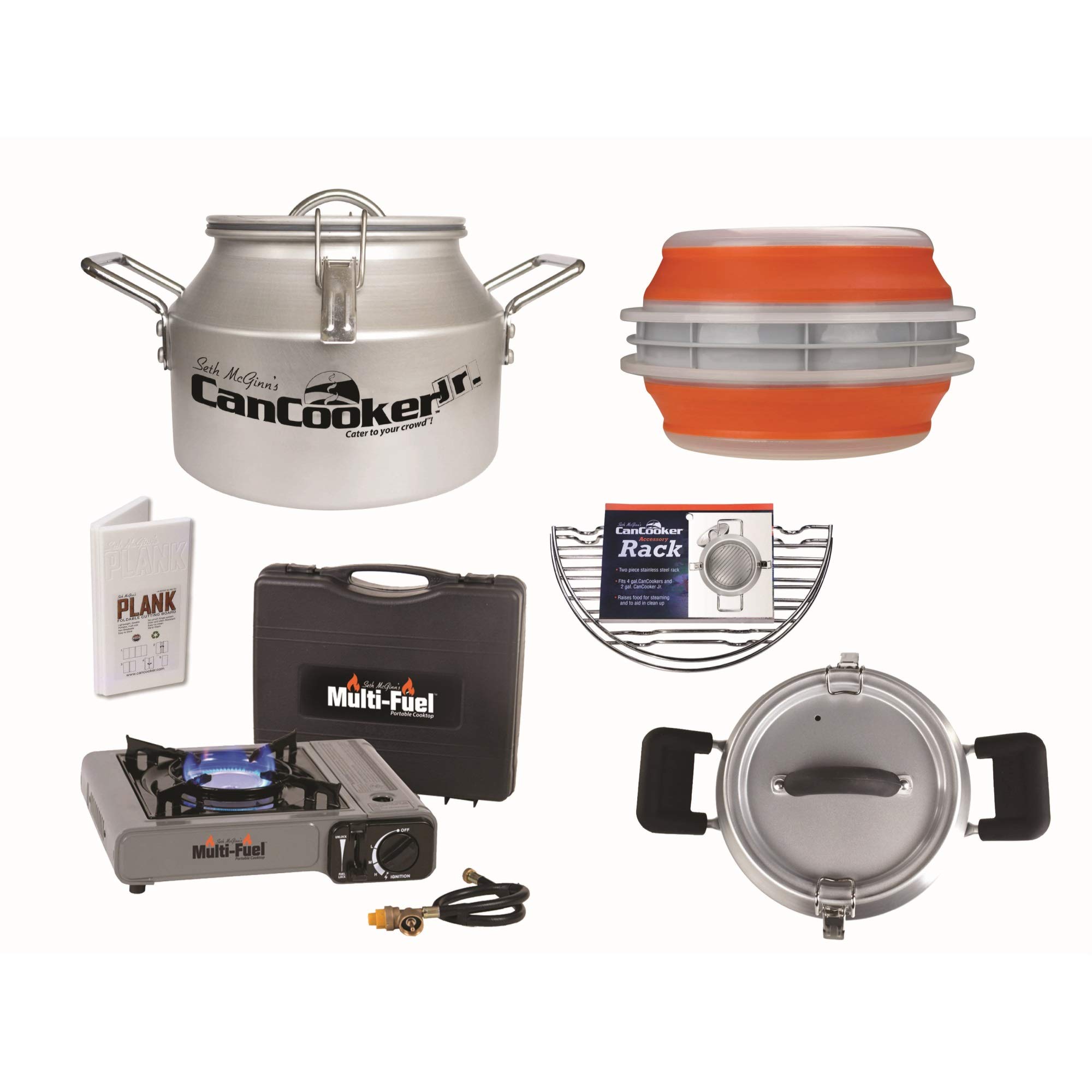 Can Cookerアウトドアマンキット | 内容: CanCookerジュニア、バッターボウル、9 x 19プランク、ラック、マルチ燃料、ブラックハンドルカバー。