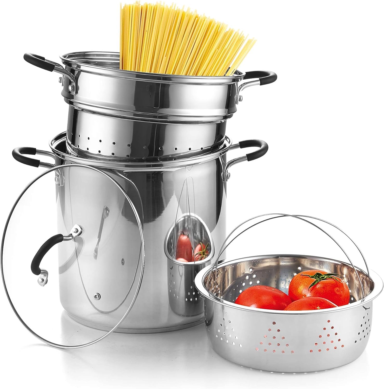 Cook N Home 4ピース ステンレススチール パスタクッカー スチーマー マルチポット 12クォート シルバー｜global研究所