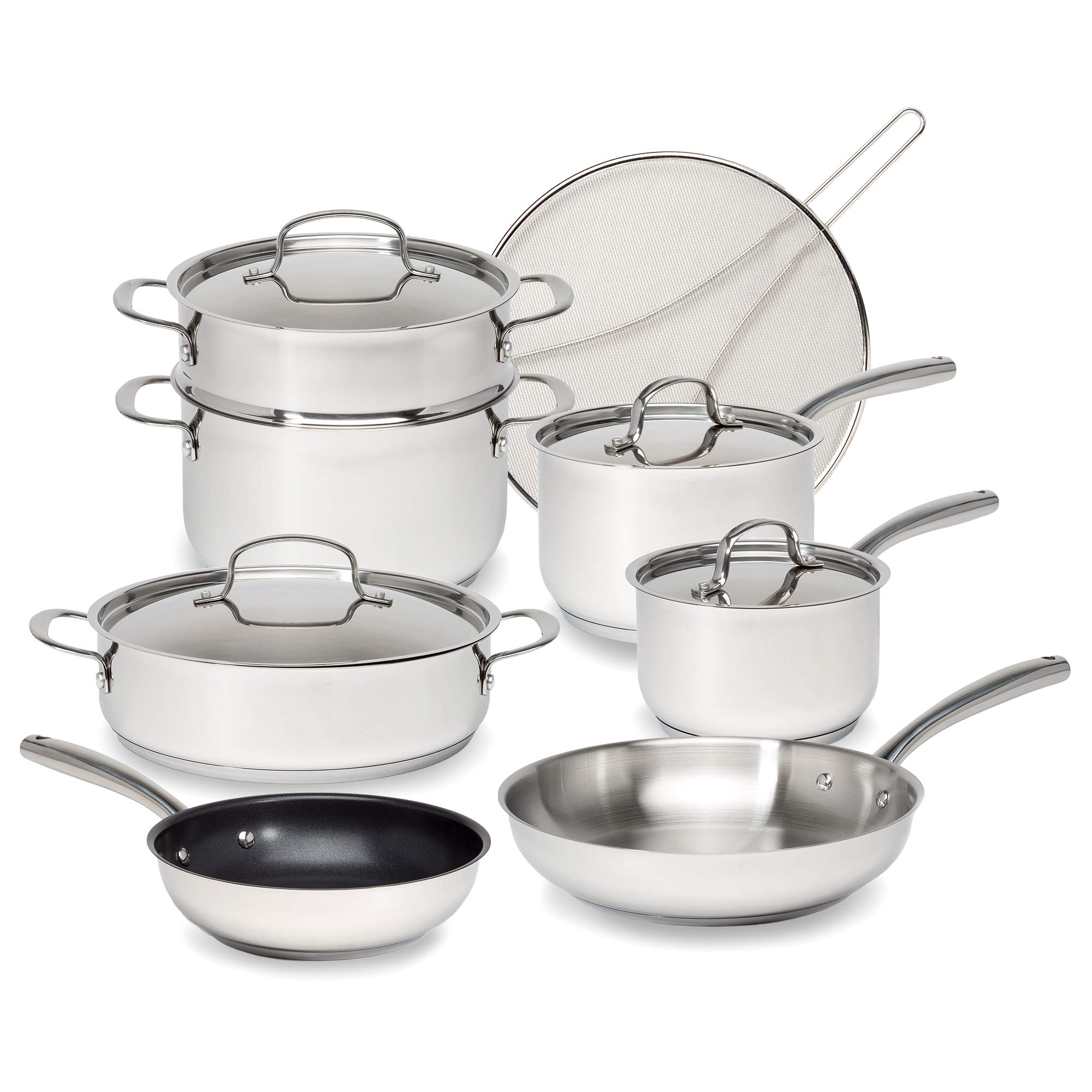 Goodful (グッドフル) クラシックステンレススチール調理器具12点セット 3層ベース付き 均一に加熱可能 耐久性 衝撃接着鍋 フライパン 食洗機対応 ノンスティックフライパン付き クローム｜global研究所