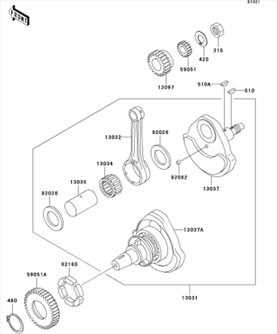 Kawasaki カワサキ 純正部品 13037-1493 クランクシャフト、RH