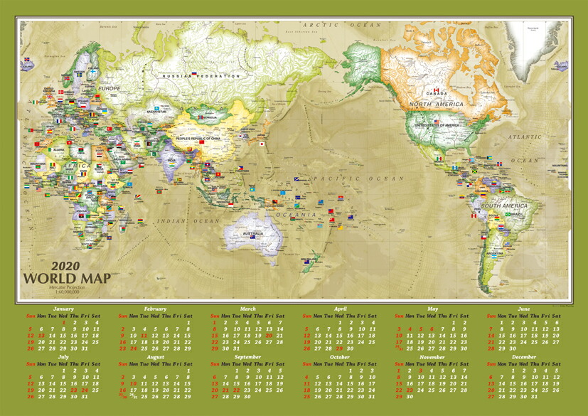 楽天市場 地図カレンダー 2020 2020年版 B2サイズ 英語版世界地図カレンダー グローバルプランニング