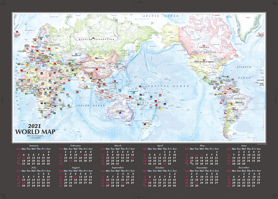 楽天市場 地図カレンダー 21 21年版 B2サイズ 英語版世界地図カレンダー グローバルプランニング