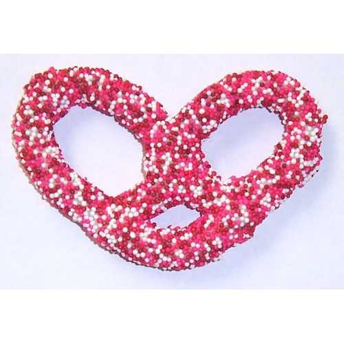 Scott's Cakes ホワイトチョコレートで覆われたプレッツェル、バレンタインデー用ノンパレイユ入り、1ポンドのプラスチックデリ容器入り Scott's Cakes White Chocolate Covered Pretzels with Valentine's Day Non-Pareils in a 1 Pound Plastic Deli