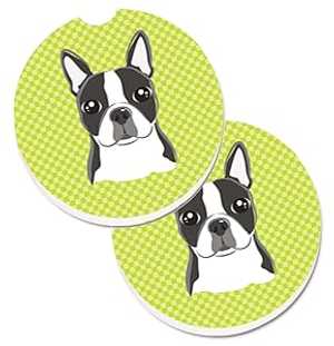 Caroline's Treasures BB1139CARC Lime Checkered Boston Terrier Set of 2 Cup Holder Car Coasters Absorbent Sandstone Coasters for Car Cup Holders Gifts for Men or Women, Large, Multicolor