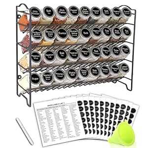 SWOMMOLY Spice Rack Organizer with 36 Empty Square Spice Jars, 396 Spice Labels with Chalk Marker and Funnel Complete Set, for Countertop, Cabinet or Wall Mount, Black