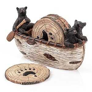 Cabin Obsession Bear Coasters Set ? 6 Full Size Rustic Coasters in Handmade Canoe with Adorable Black Bear Figurines | Black Bear Log Cabin Decorations, Rustic Lodge Decor for The Home