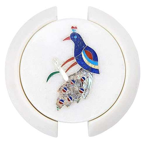 Queenza Marble Coasters for Drinks -Set of 6 Coasters for Drinks with Holder, Marble Inlay Peacock Artwork, Luxury Coasters for Drinks