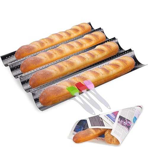 MBDC Baguette Pan - 3 Brush Included French Bread Baking Pan Nonstick Perforated Baguette Pan 4 Loaves Loaf Bake Mold Toast Cooking Bakers Molding Black｜Glomarket 8,343円
