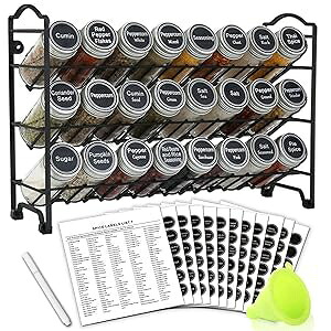 SWOMMOLY 3 Tier Spice Rack Organizer with 24 Empty Round Spice Jars, 396 Spice Labels, Funnel and Chalk Marker Complete Set, Black