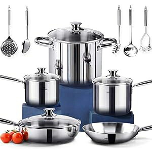 HOMICHEF 14-Piece Nickel Free Stainless Steel Cookware Set - Nickel Free Stainless Steel Pots and Pans Set - Stainless Steel Non-Toxic Cookware Set - Stainless Steel Healthy Induction Cookware Sets｜Glomarket