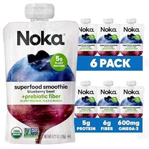 Noka Superfood Fruit Smoothie Pouches, Blueberry Beet, Healthy Snacks with Flax Seed, Plant Protein and Prebiotic Fiber, Vegan and Gluten Free Snacks, Organic Squeeze Pouch, 4.22 oz, 6 Count画像