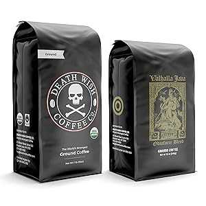 Death Wish Coffee Co. Dark Roast Grounds 16 Oz & Valhalla Java Dark Ground Coffee 12 Oz- Extra Kick of Caffeine in 1 Powerful Bundle - Hardcore Coffee from Arabica & Robusta Beans for Tough Days