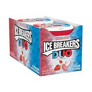 1.3 Ounce (Pack of 8), Strawberry, ICE BREAKERS Duo Fruit Plus Cool Strawberry Sugar Free Breath Mints Tins, 1.3 oz (8 Count)画像