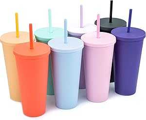 8 Count (Pack of 1), 0_Multicolor, STRATA CUPS Classic Tumblers with Lids and Straws (8 pack) - 22薬局衡オンス Matte Pastel Colored Acrylic Tumblers with Lids and Straws, Double Wall Tumbler Bulk, Reusable Cup with Straw
