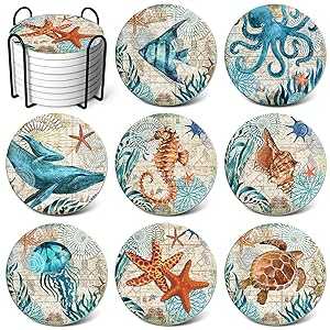 Absorbent Coasters Stone Coaster Set of 8, Cork Base, with Holder, RayPard Beach Theme Sea Life Coastal Coasters for Housewarming Apartment Kitchen Room Bar Decor,Ocean Life(Black Holder)画像