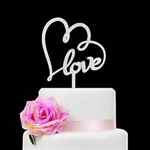 Glitter Silver Heart with love Wedding Cake Topper, Perfect for Weddings, Anniversaries, Engagement Parties画像