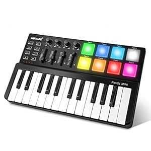 Vangoa MIDI キーボード コントローラー 25 キー、Worlde Panda MINI USB Midi キーボード、ドラムパッド付き、ビートメーカーマシンパッド、ブラック Vangoa MIDI Keyboard Controller 25 Keys, Worlde Panda MINI USB Midi Keyboard with Drum P