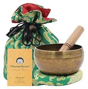 DharmaObjects Medium ~ Tibetan OM MANI Singing Bowl Set ~ With Mallet, Brocade Cushion & Carry Bag ~ For Meditation, Chakra Healing, Prayer, Yoga (Yellow)