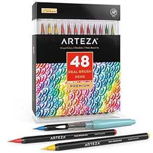 Arteza Real Brush Pens, 48 Colors for Watercolor Painting with Flexible Nylon Brush Tips, Paint Markers for Coloring, Calligraphy and Drawing with Water Brush for Artists and Beginner Painters|Glomarket