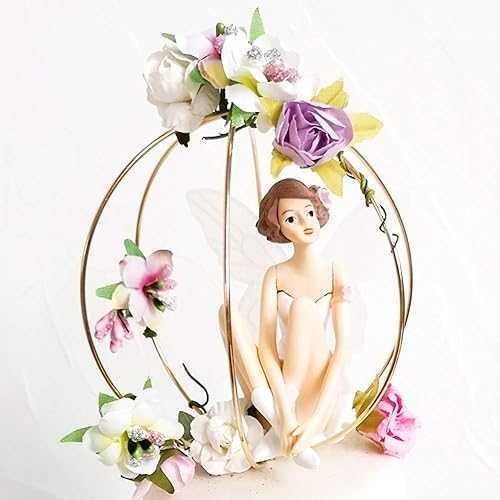 Aprildecember666 Fairy Garden Houses Cake Topper, DIY Birthday Wedding Cake Decoration- Set of 5 - Fairy, Flower, Gold Hollow Out Ball, LED light and Food Contact Safe Doll Base画像