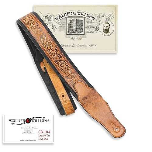 Walker & Williams GB-104 Latigo Tan Padded Guitar Strap Live Oak Pattern For Acoustic, Electric, And Bass Guitars