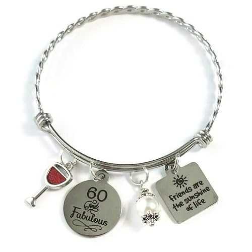 SCRAPHEART Milestone 60th Birthday Gift for Friend, 60th BIRTHDAY Gift for Her, Friends are the Sunshine of Life Bangle Bracelet, 60 and Fabulous Wine Glass Charm Bracelet
