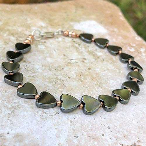 銅製ヘマタイト ハート チャーム ブレスレット、彼女への7周年記念ギフト Simple Graces Jewelry Hematite Heart Charm Bracelet with Copper, 7th Anniversary Gift for Her