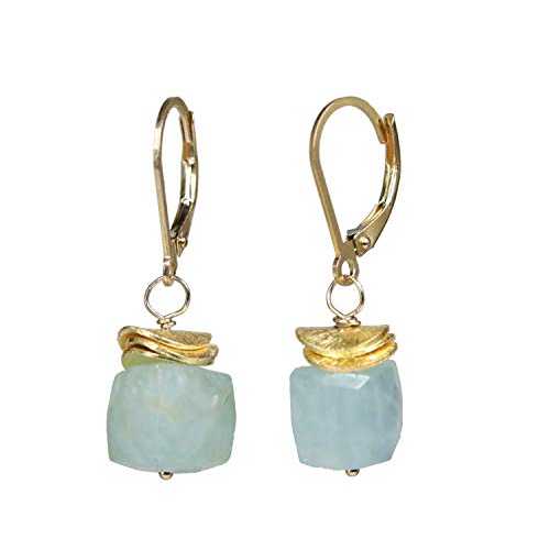 アクアマリン キューブ イヤリング - アクアマリン ジェムストーン ドロップ イヤリング - レディース ジュエリー ギフトアイデア Nadean Designs Aquamarine Cube Earrings -Aquamarine Gemstone Drop Earring- Women's Jewelry Gift Idea